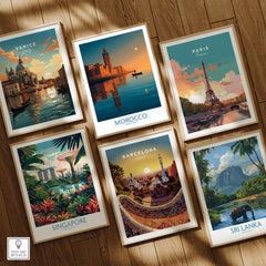 Morocco Poster | North African Cityscape Sunset Canvas Print displayed with other travel posters.