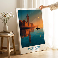 Morocco Poster | North African Cityscape Sunset Canvas Print featuring a serene sunset reflection on water.