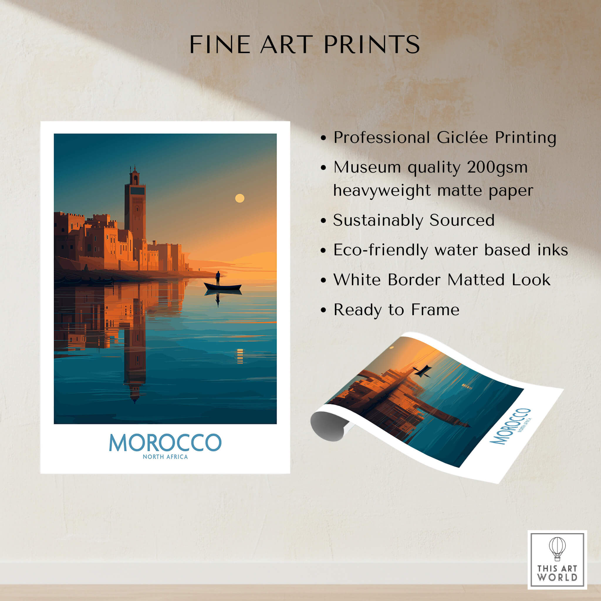 Morocco Poster | North African Cityscape Sunset Canvas Print featuring professional Giclée printing and museum quality paper.