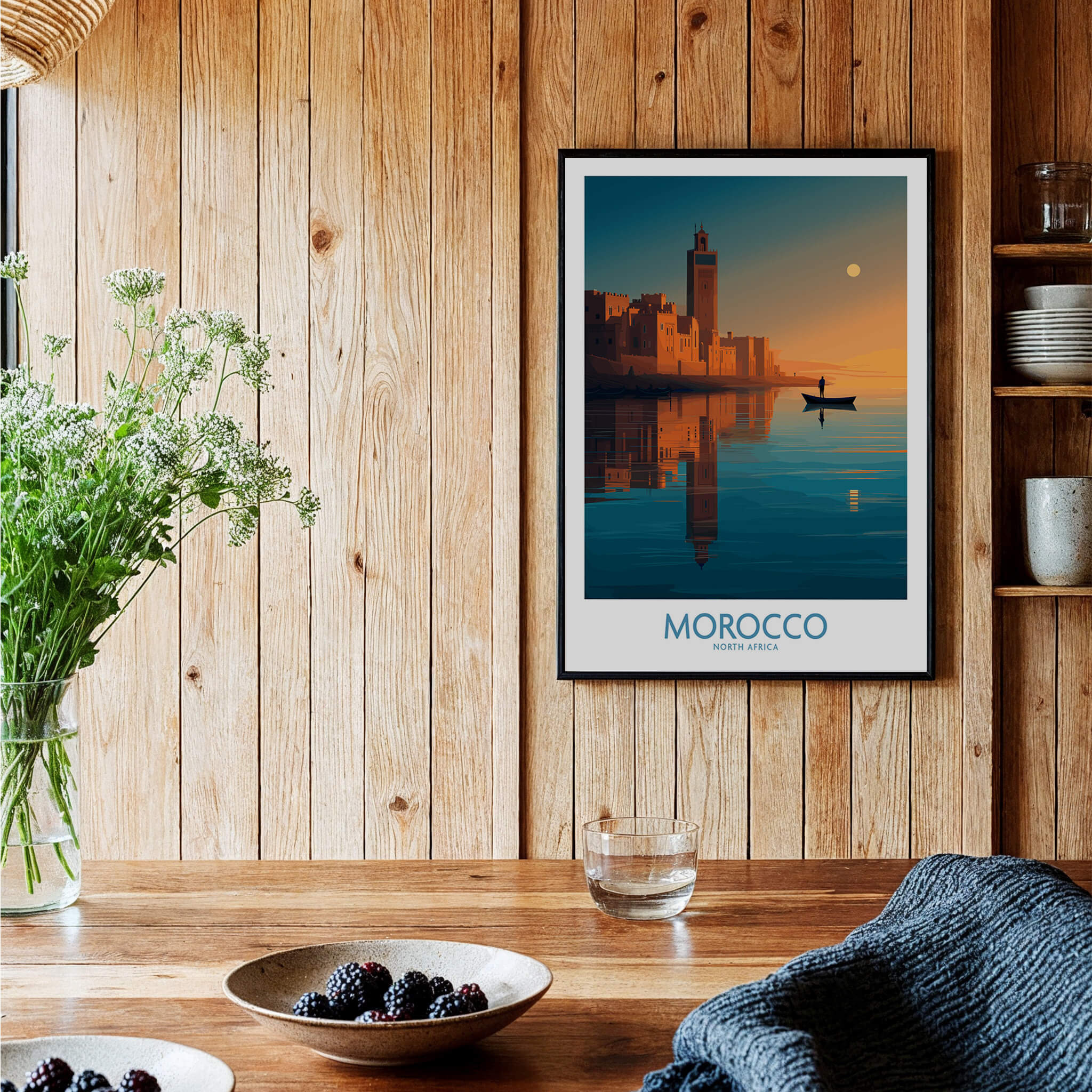 Morocco Poster | North African Cityscape Sunset Canvas Print displayed in a cozy home setting with wooden decor.