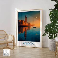 Morocco Poster | North African Cityscape Sunset Canvas Print featuring a serene sunset reflection on water.