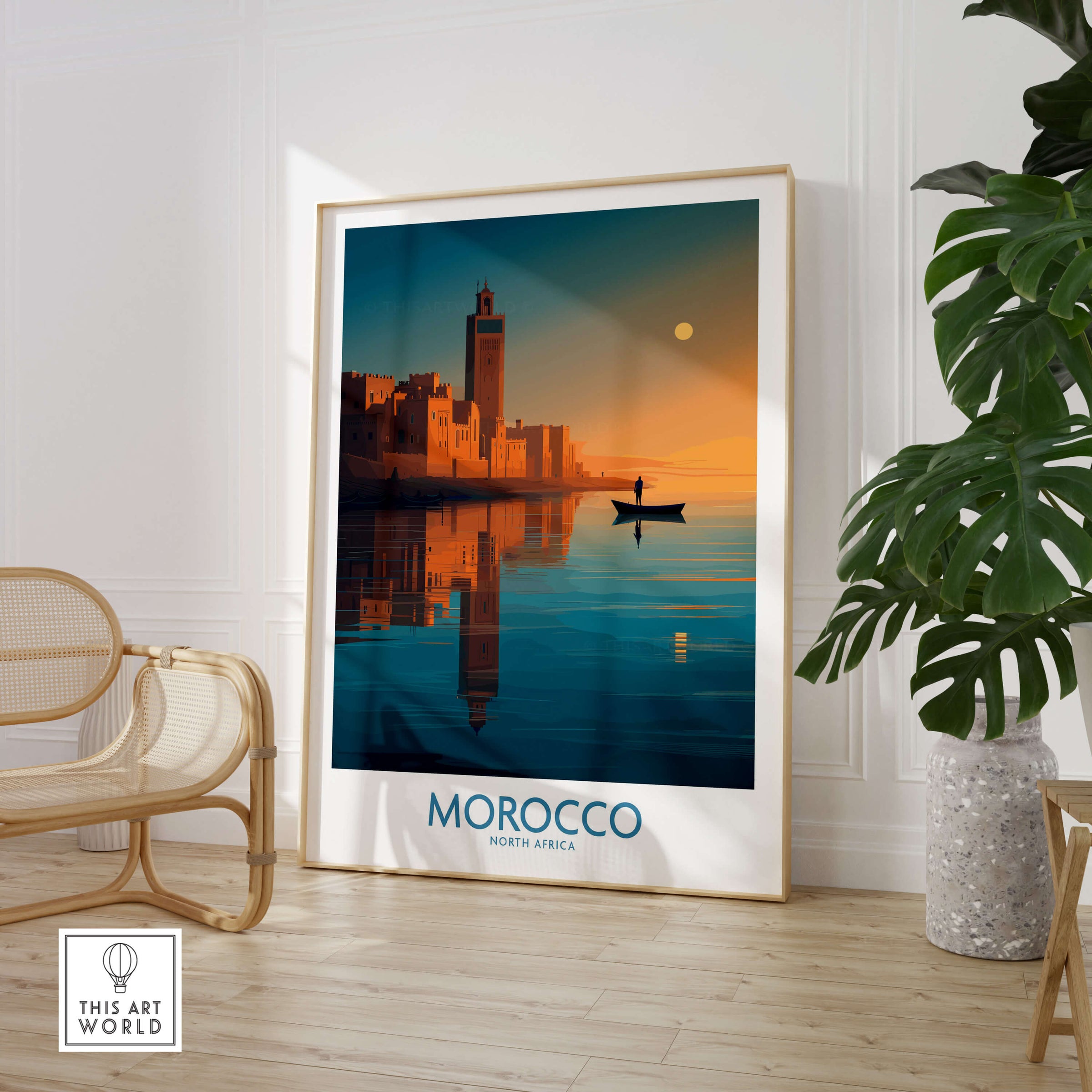 Morocco Poster | North African Cityscape Sunset Canvas Print featuring a serene sunset reflection on water.
