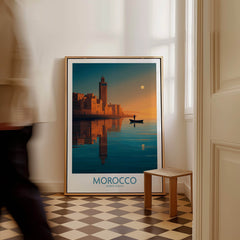 Morocco Poster | North African Cityscape Sunset Canvas Print featuring serene water reflection and sunset hues.