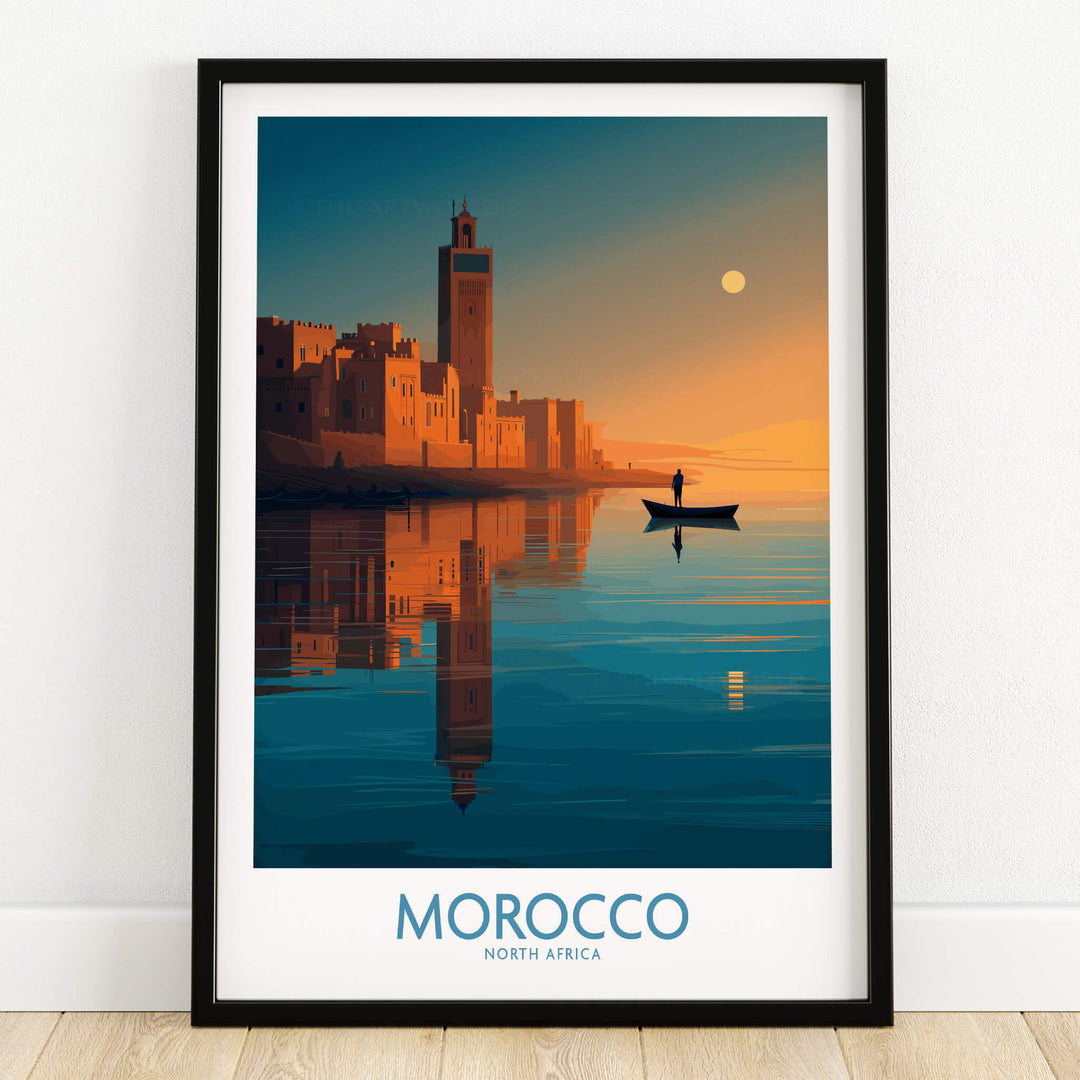 Morocco Poster | North African Cityscape Sunset Canvas Print showcasing a serene sunset over a historic medina.