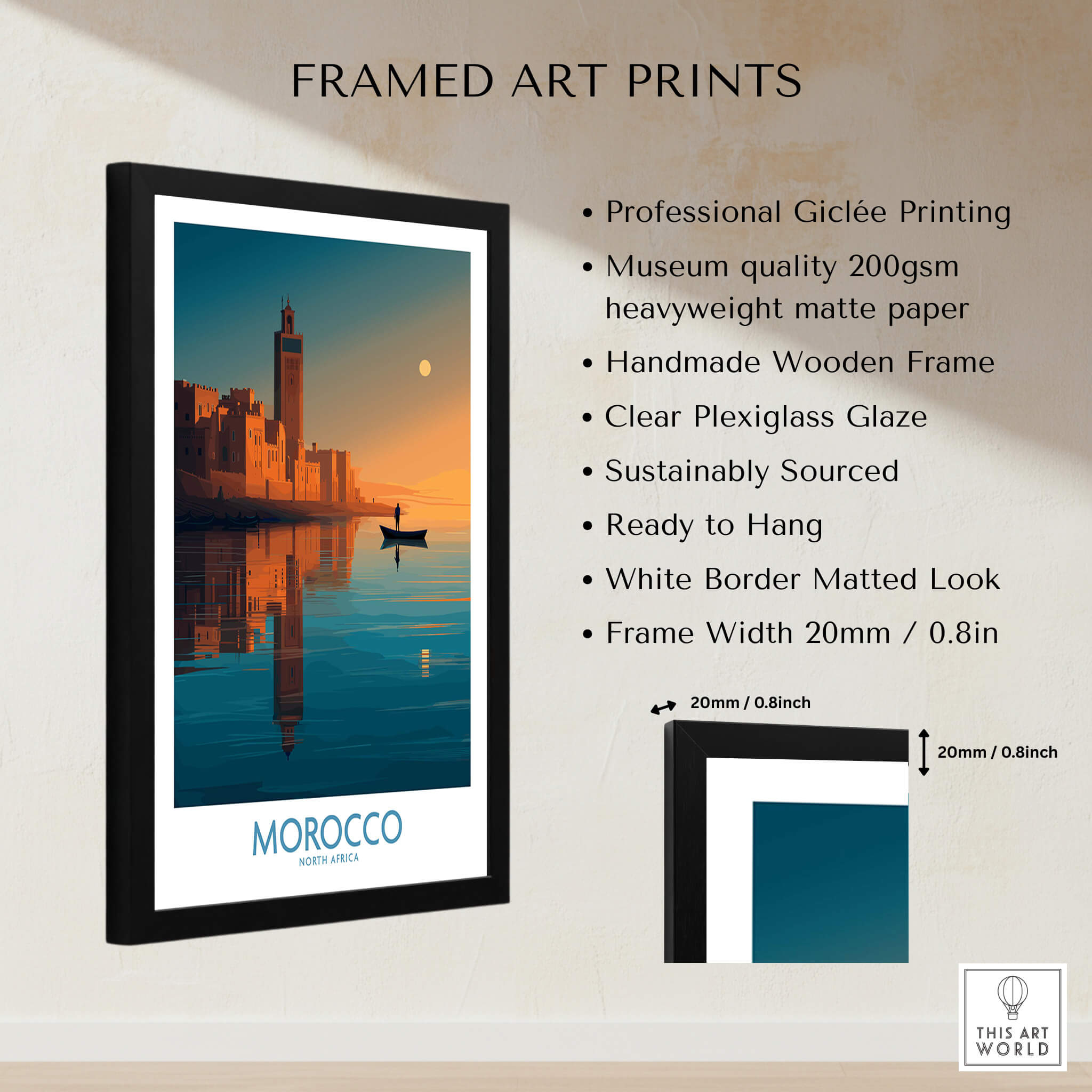 Morocco Poster | North African Cityscape Sunset Canvas Print in a stylish frame with professional giclée printing.