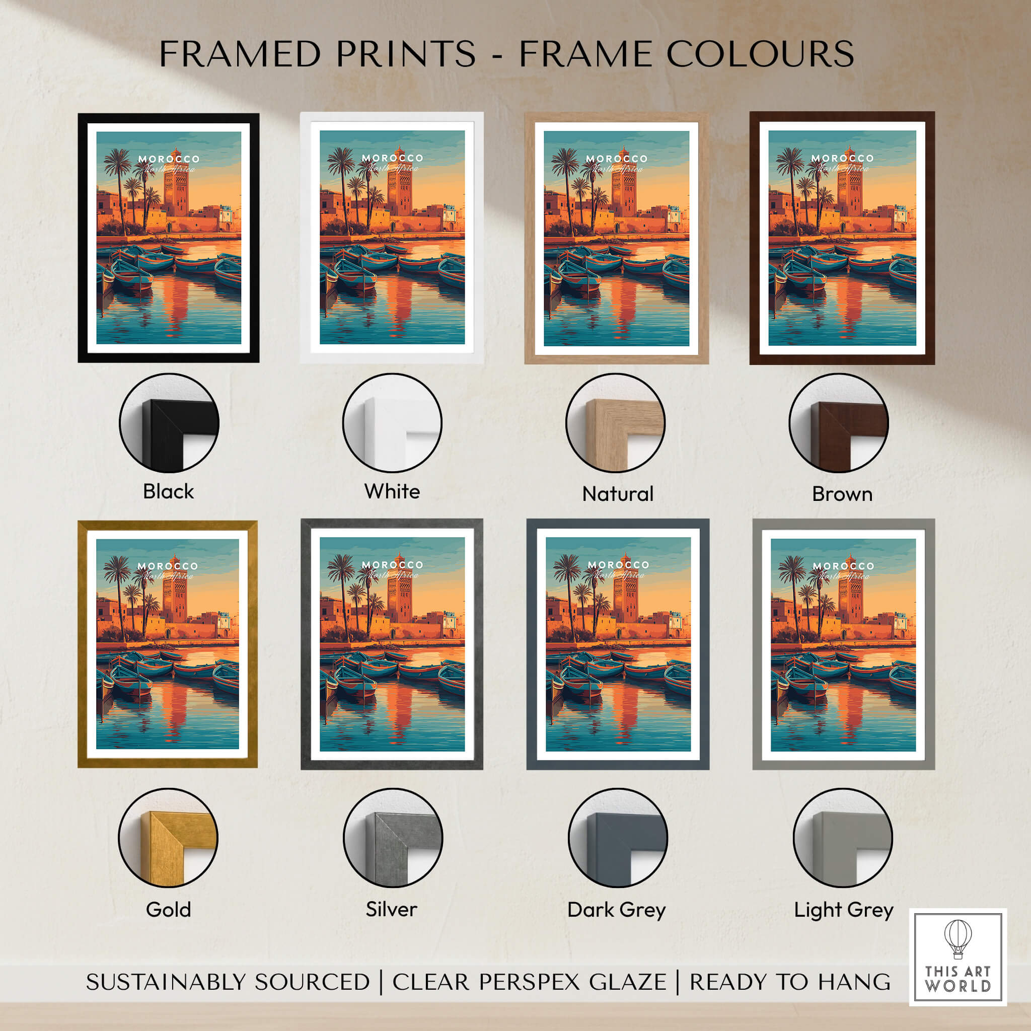 Morocco North Africa Travel Poster | Coastal Harbour Scene Wall Art Print - Framed print options in various colors.