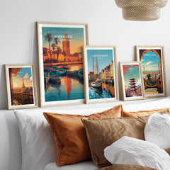 Morocco North Africa Travel Poster | Coastal Harbour Scene Wall Art Print displayed among other vibrant travel posters.