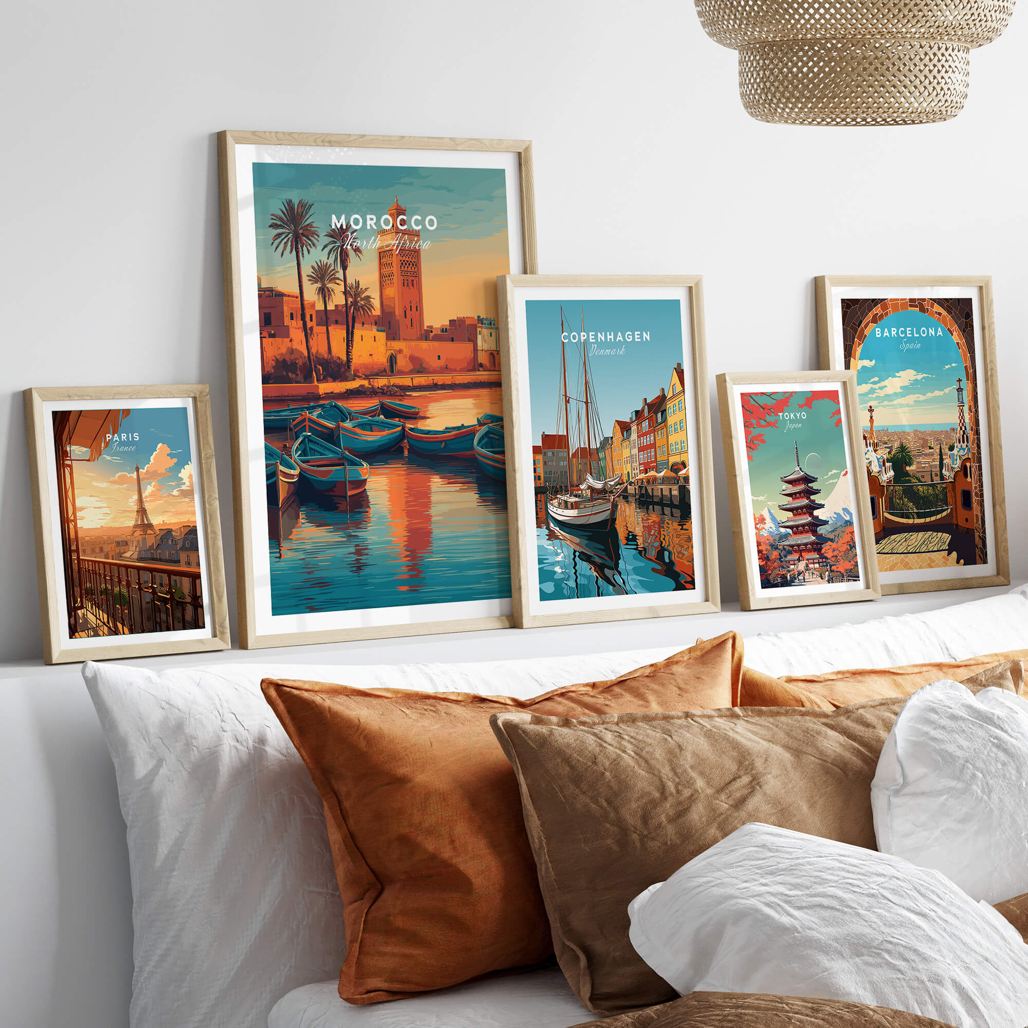 Morocco North Africa Travel Poster | Coastal Harbour Scene Wall Art Print displayed among other vibrant travel posters.