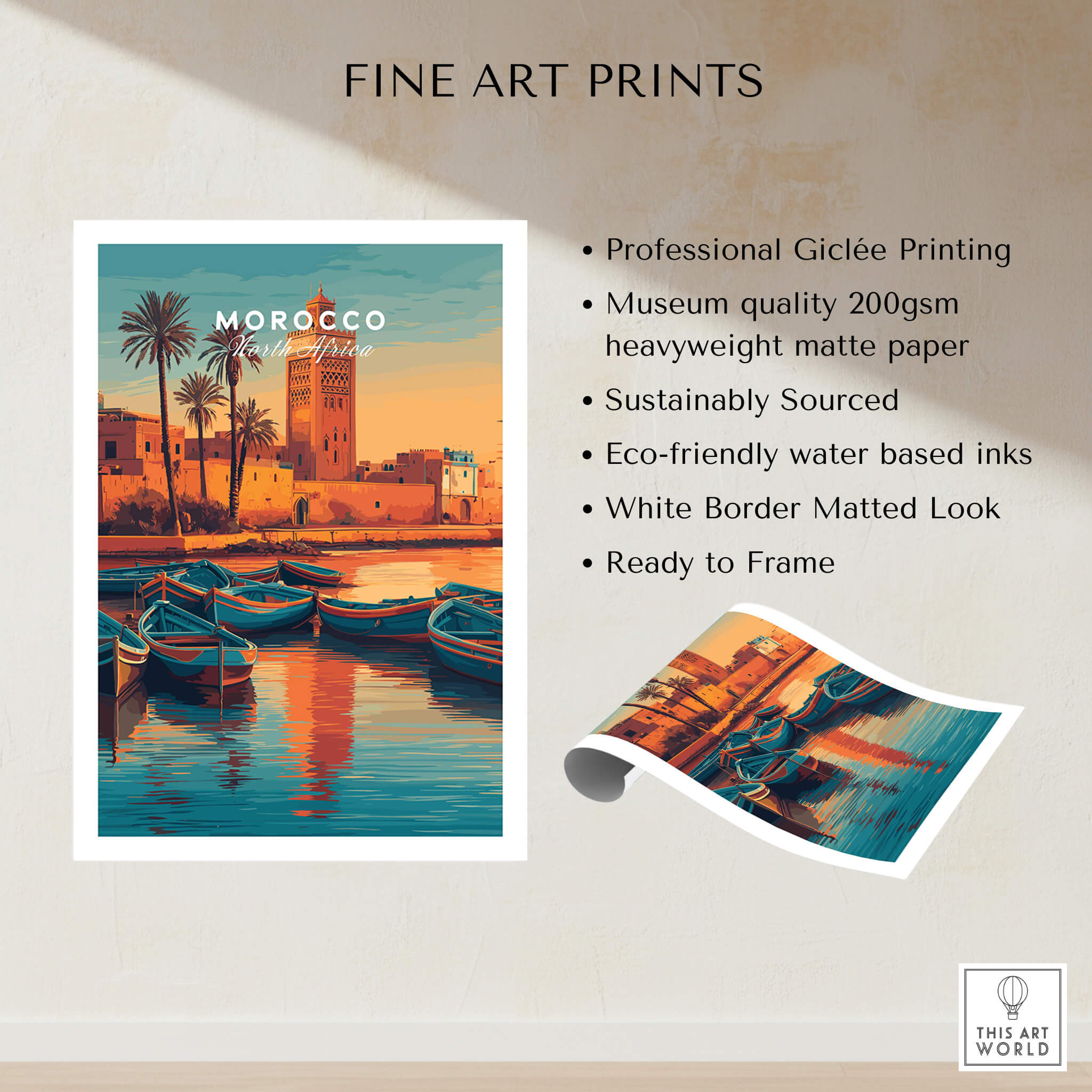 Morocco North Africa Travel Poster | Coastal Harbour Scene Wall Art Print showcasing boats and vibrant sunset colors.