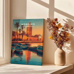 Morocco North Africa Travel Poster | Coastal Harbour Scene Wall Art Print featuring boats and palm trees