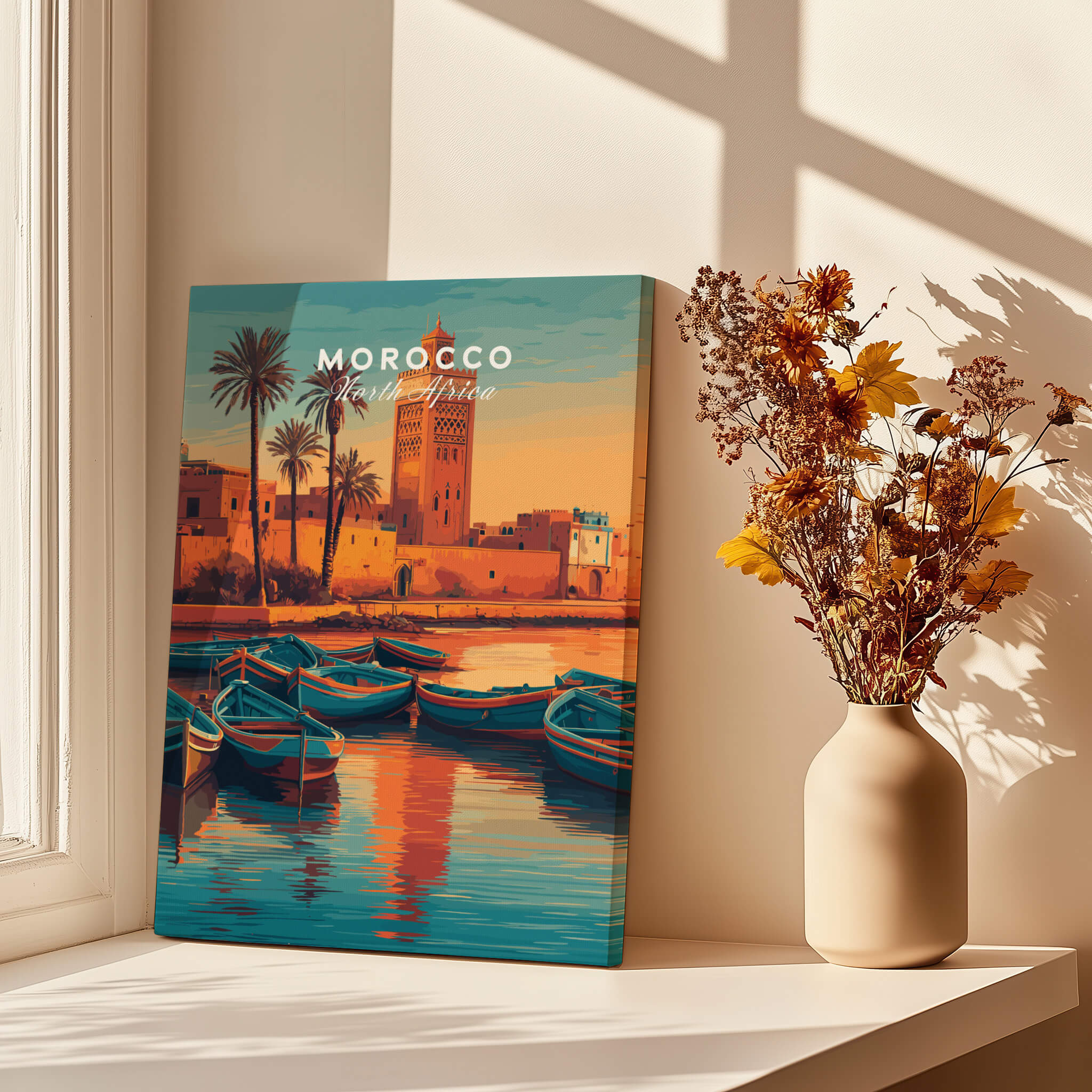 Morocco North Africa Travel Poster | Coastal Harbour Scene Wall Art Print featuring boats and palm trees