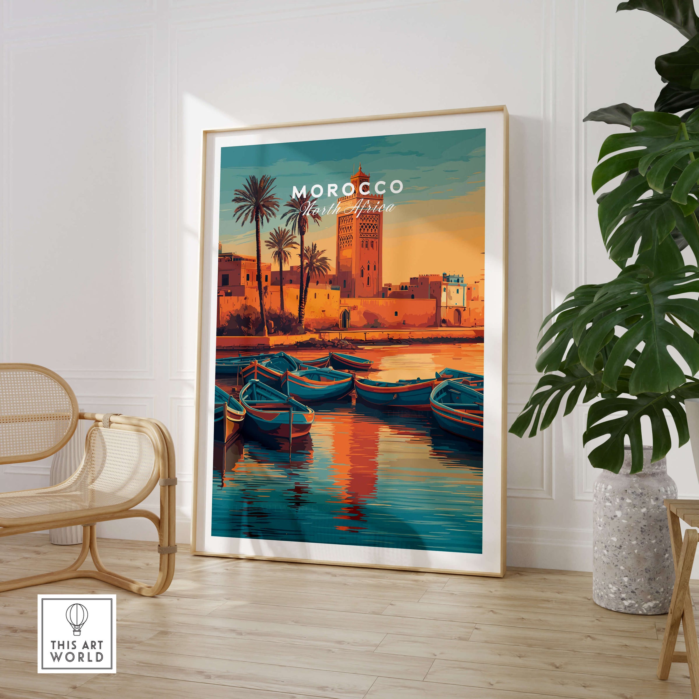 Morocco North Africa Travel Poster | Coastal Harbour Scene Wall Art Print