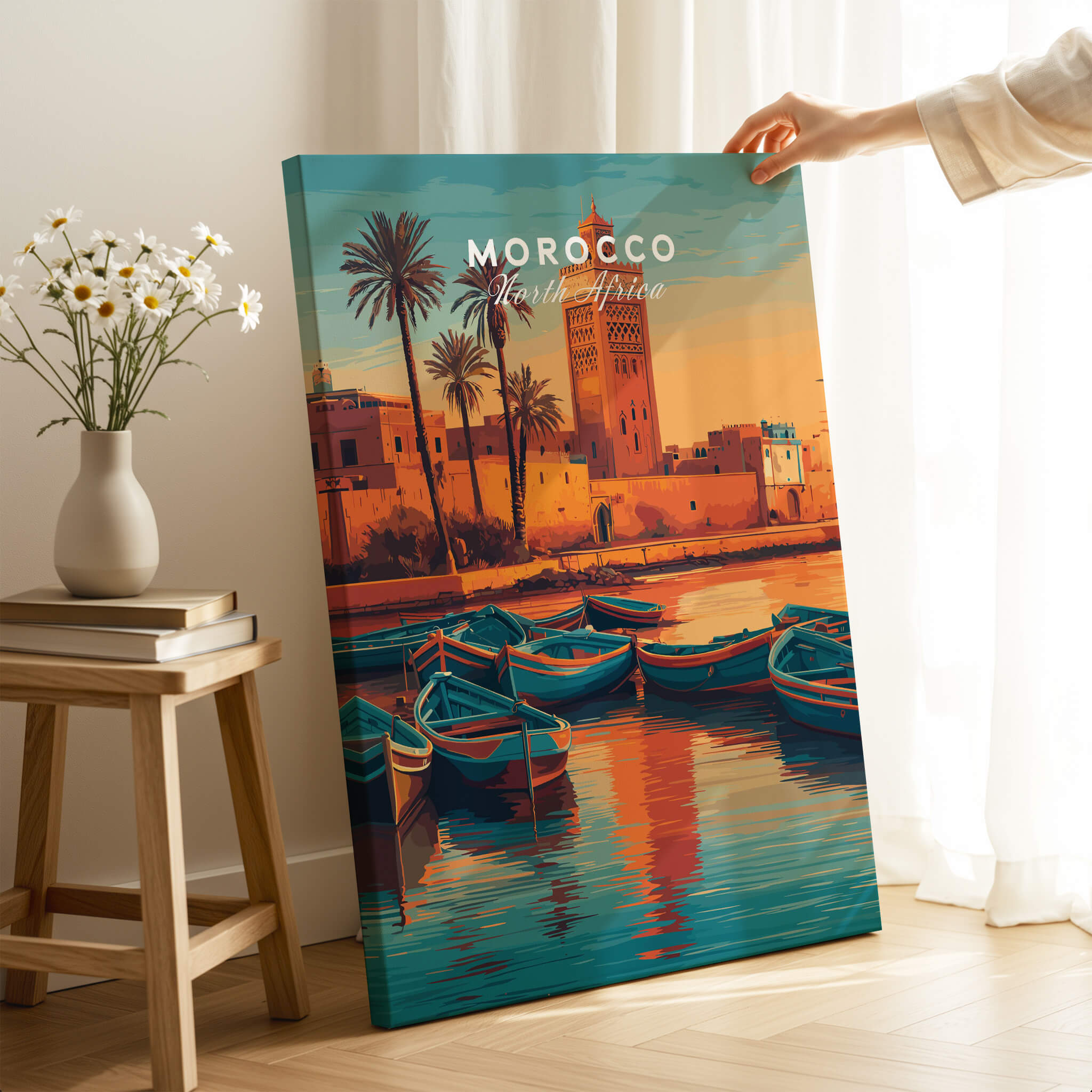 Morocco North Africa Travel Poster | Coastal Harbour Scene Wall Art Print featuring colorful boats and a scenic waterfront.