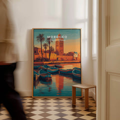 Morocco North Africa Travel Poster | Coastal Harbour Scene Wall Art Print featuring boats and a sunset over the waterfront.