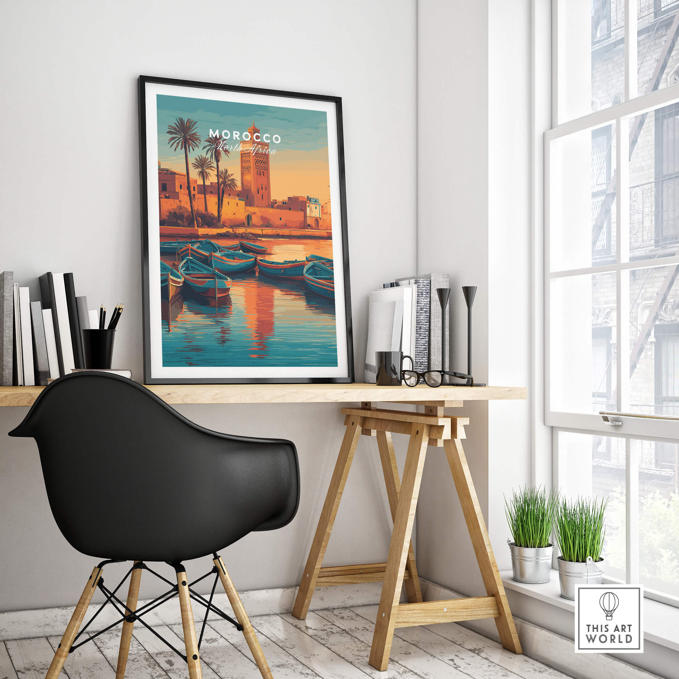 Morocco North Africa Travel Poster | Coastal Harbour Scene Wall Art Print displayed in a stylish home office setting.