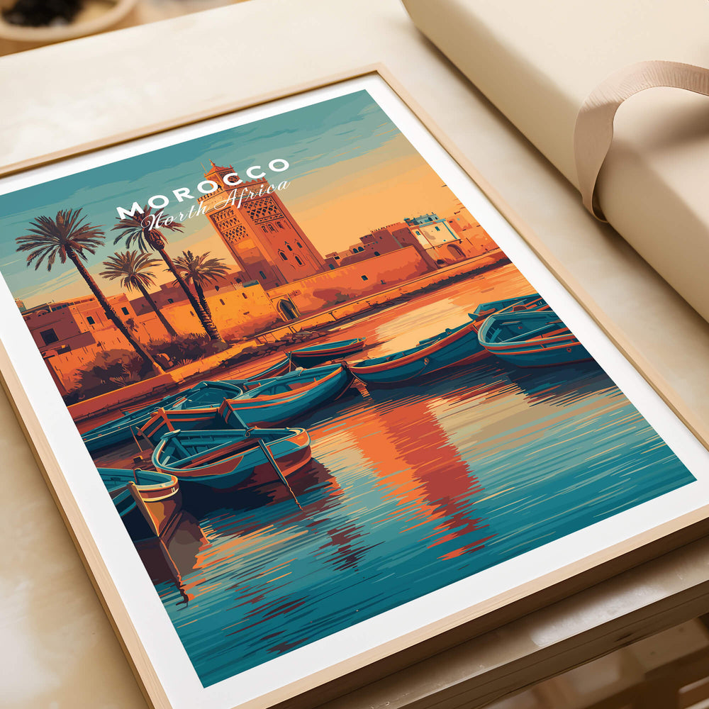Morocco North Africa Travel Poster | Coastal Harbour Scene Wall Art Print featuring colorful boats and palm trees.