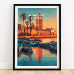 Morocco North Africa Travel Poster | Coastal Harbour Scene Wall Art Print with vibrant boats and palm trees.