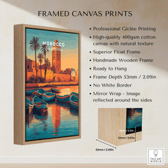 Morocco North Africa Travel Poster | Coastal Harbour Scene Wall Art Print featuring framed canvas print details.