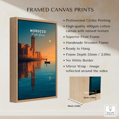 Morocco North Africa Wall Art Print | Mosque & Minaret Travel Poster framed canvas print with professional giclée printing.