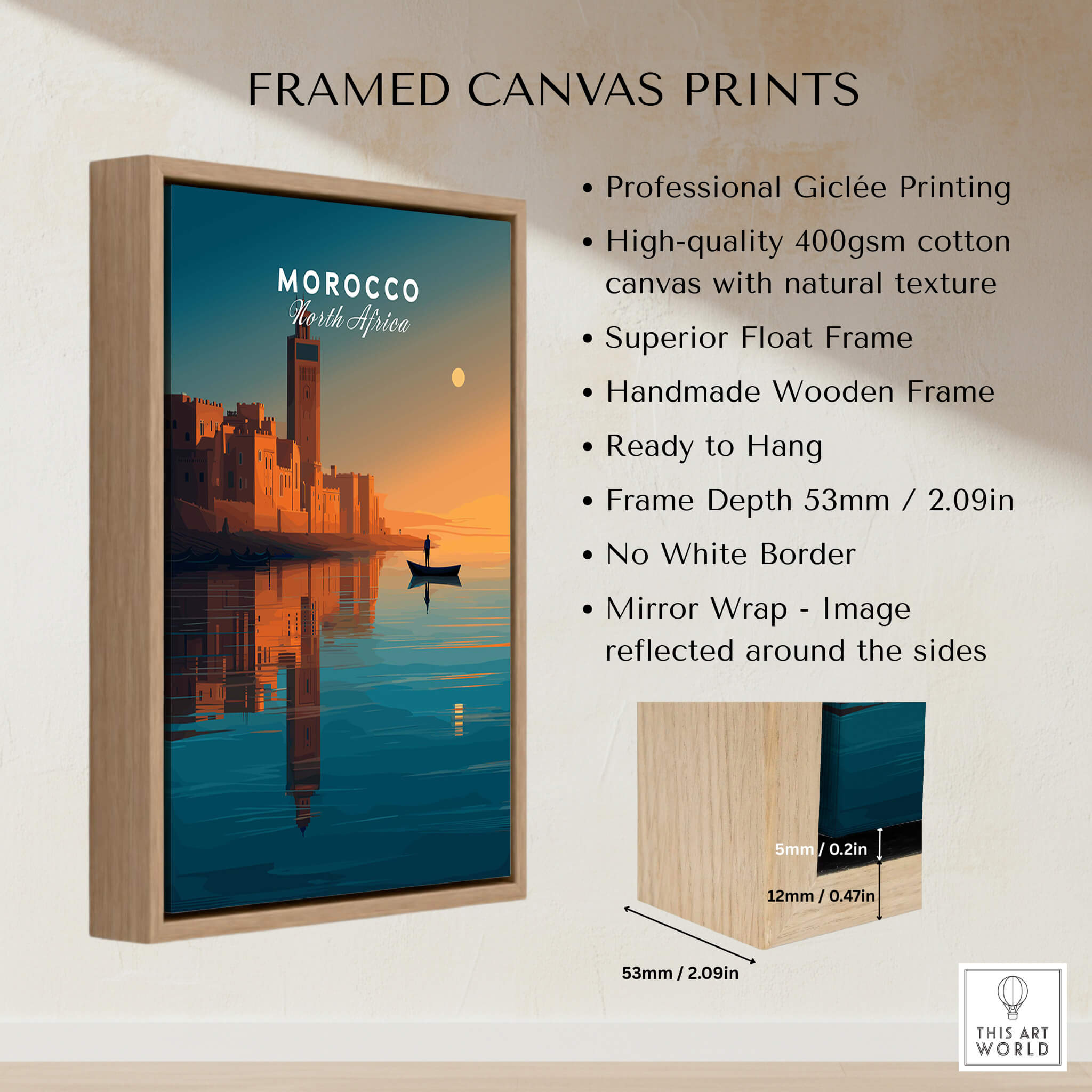 Morocco North Africa Wall Art Print | Mosque & Minaret Travel Poster framed canvas print with professional giclée printing.