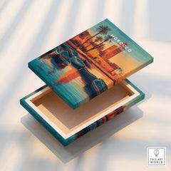 Morocco North Africa Travel Poster | Coastal Harbour Scene Wall Art Print showcasing a decorative box with vibrant coastal artwork.