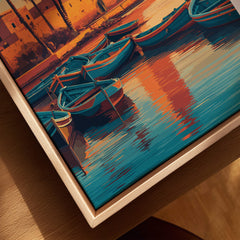 Morocco North Africa Travel Poster | Coastal Harbour Scene Wall Art Print depicting colorful boats on water.