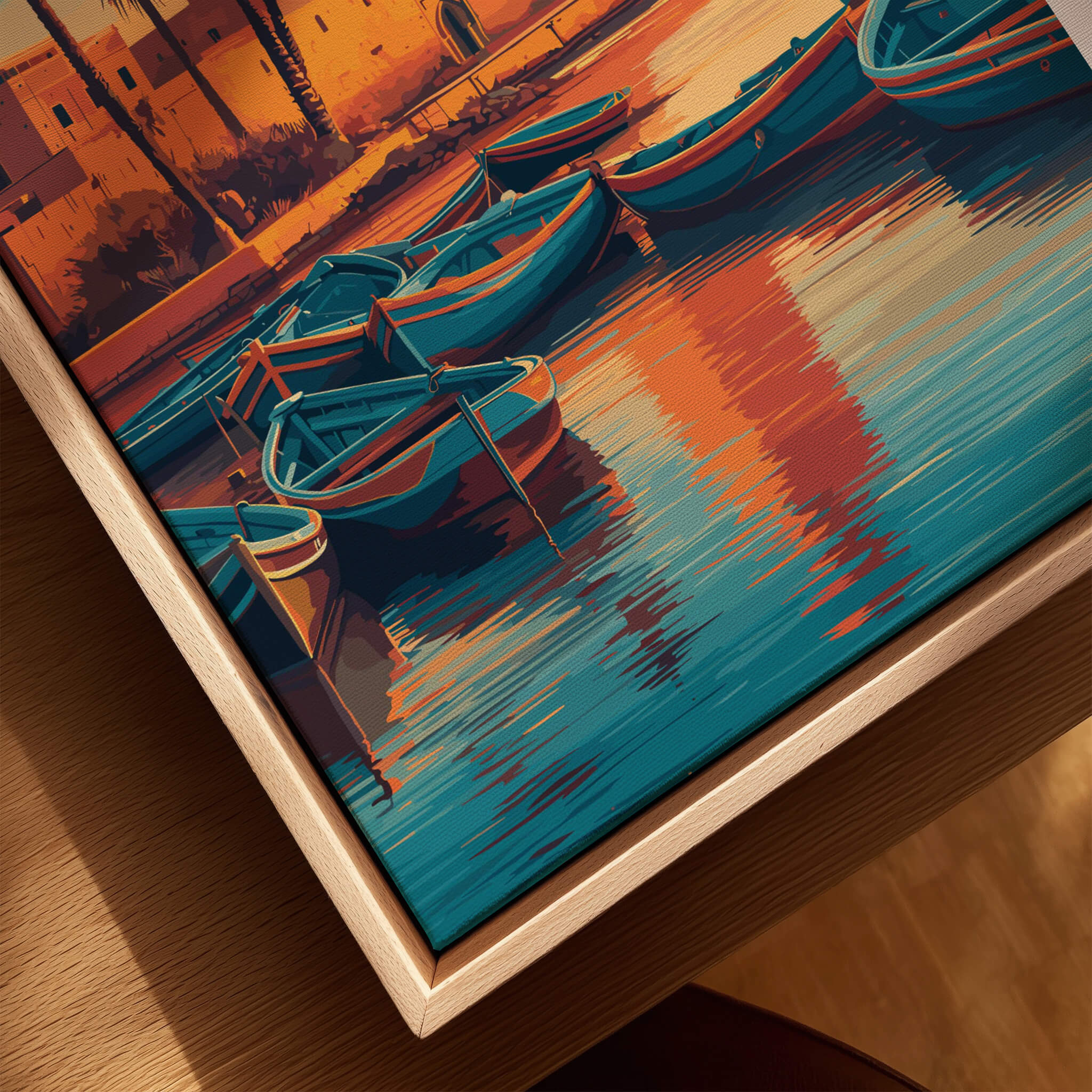 Morocco North Africa Travel Poster | Coastal Harbour Scene Wall Art Print depicting colorful boats on water.