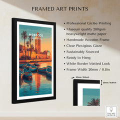 Morocco North Africa Travel Poster | Coastal Harbour Scene Wall Art Print featuring framed giclée art with vibrant colors.