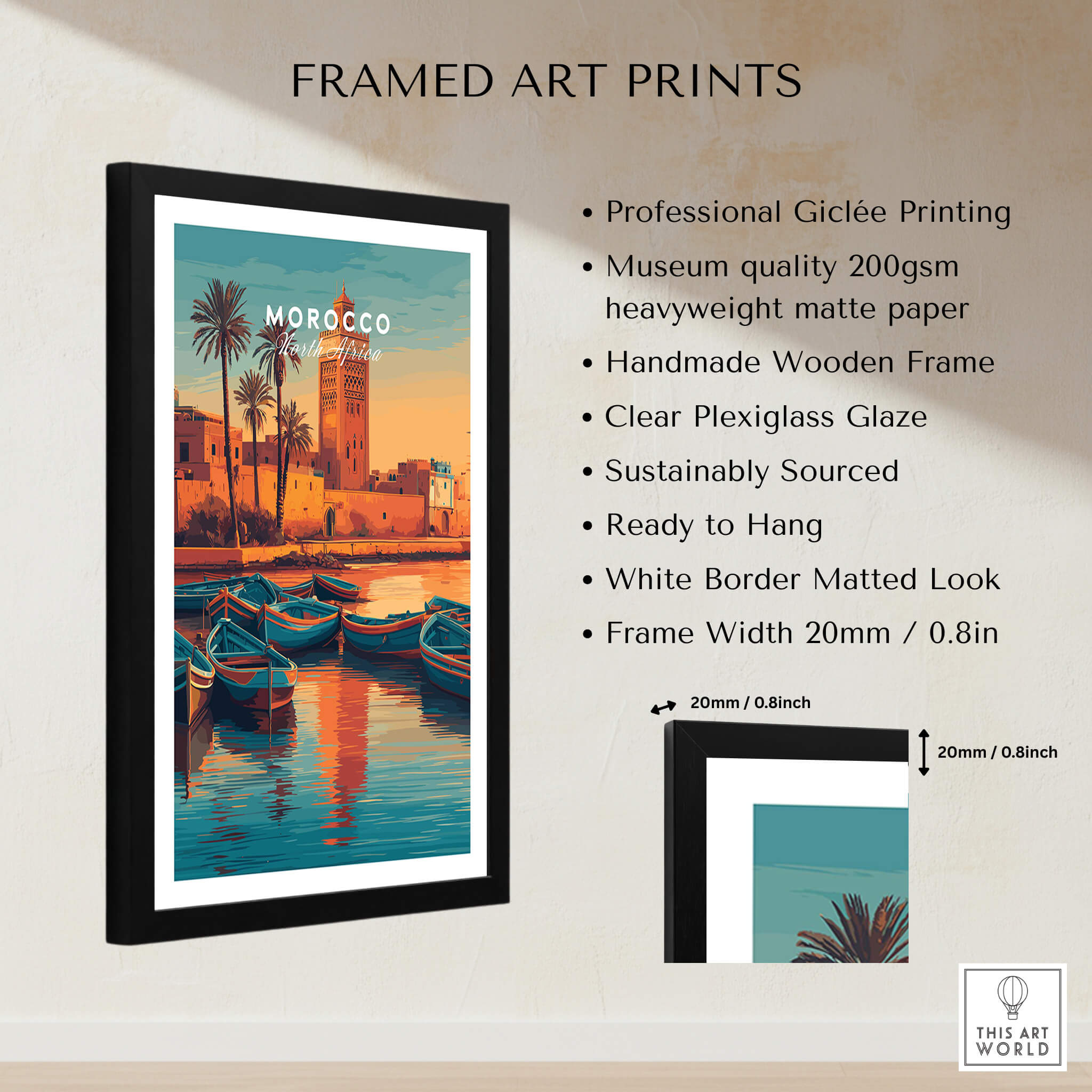 Morocco North Africa Travel Poster | Coastal Harbour Scene Wall Art Print featuring framed giclée art with vibrant colors.