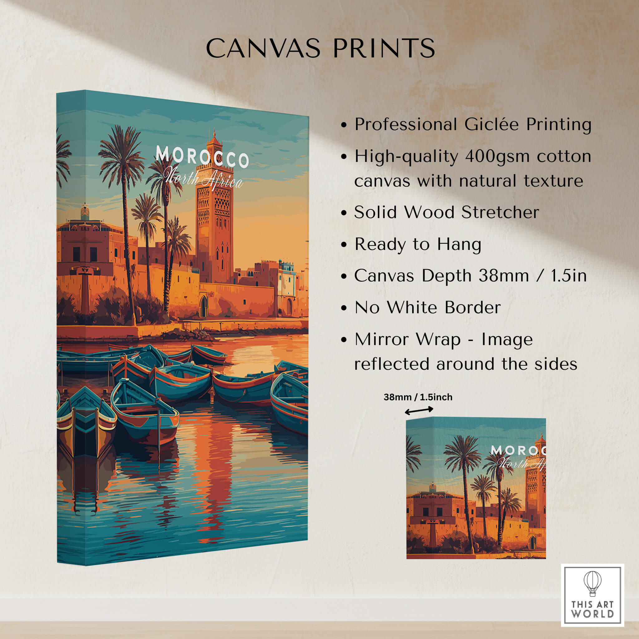 Morocco North Africa Travel Poster | Coastal Harbour Scene Wall Art Print showcasing boats and a waterfront in vibrant colors.