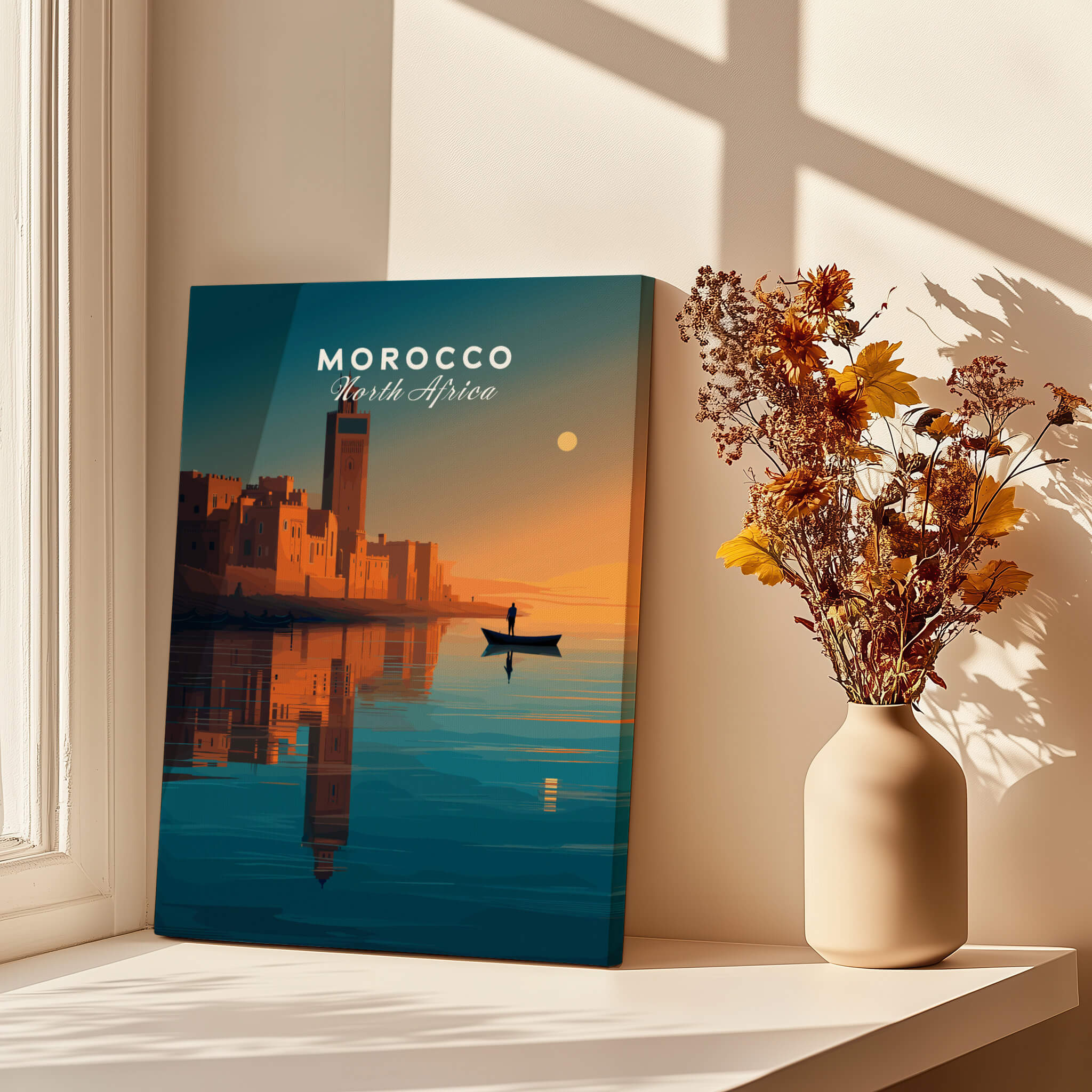 Morocco North Africa Wall Art Print | Mosque & Minaret Travel Poster featuring a serene landscape at sunset.