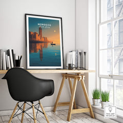 Morocco North Africa Wall Art Print | Mosque & Minaret Travel Poster displayed in a modern interior setting.