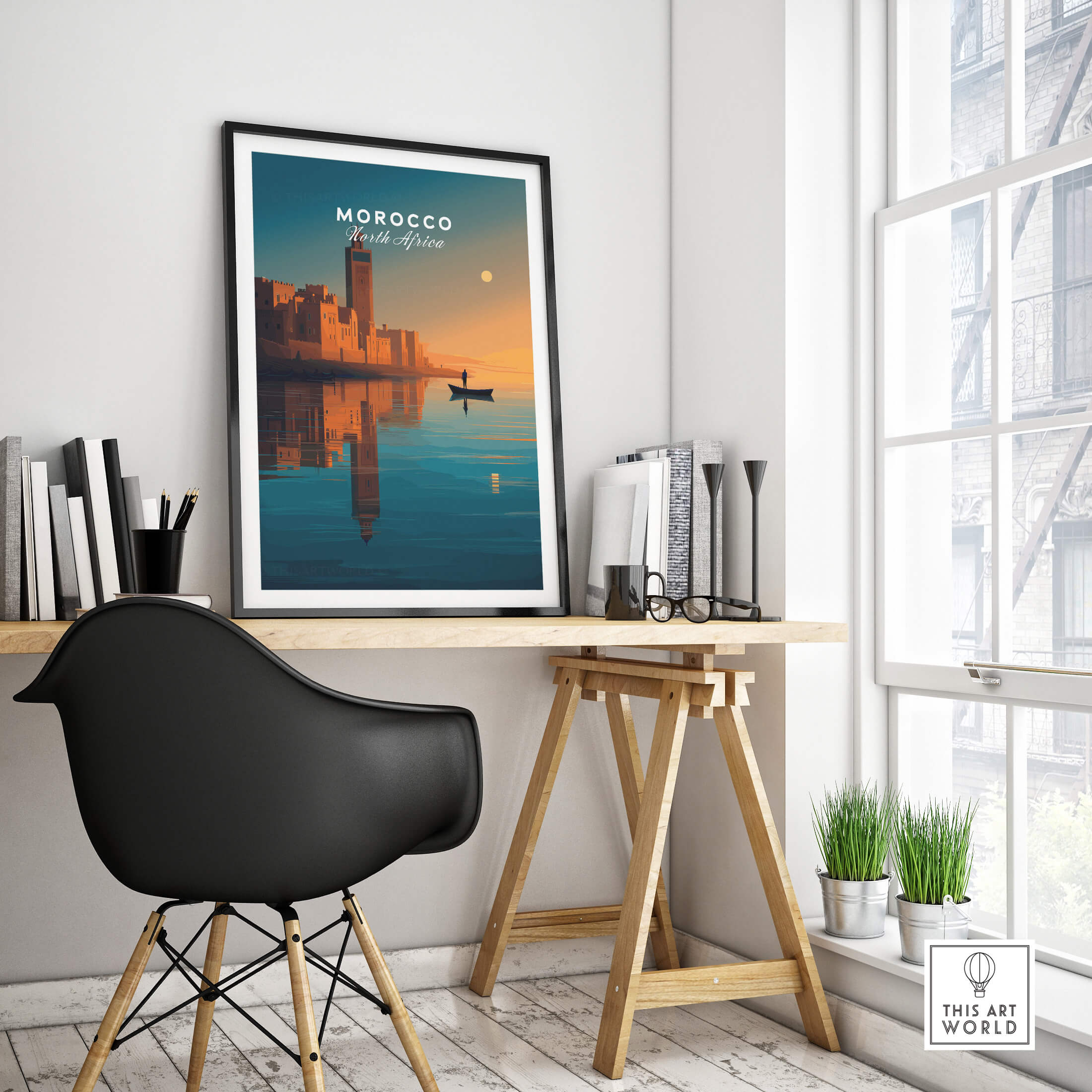 Morocco North Africa Wall Art Print | Mosque & Minaret Travel Poster displayed in a modern interior setting.