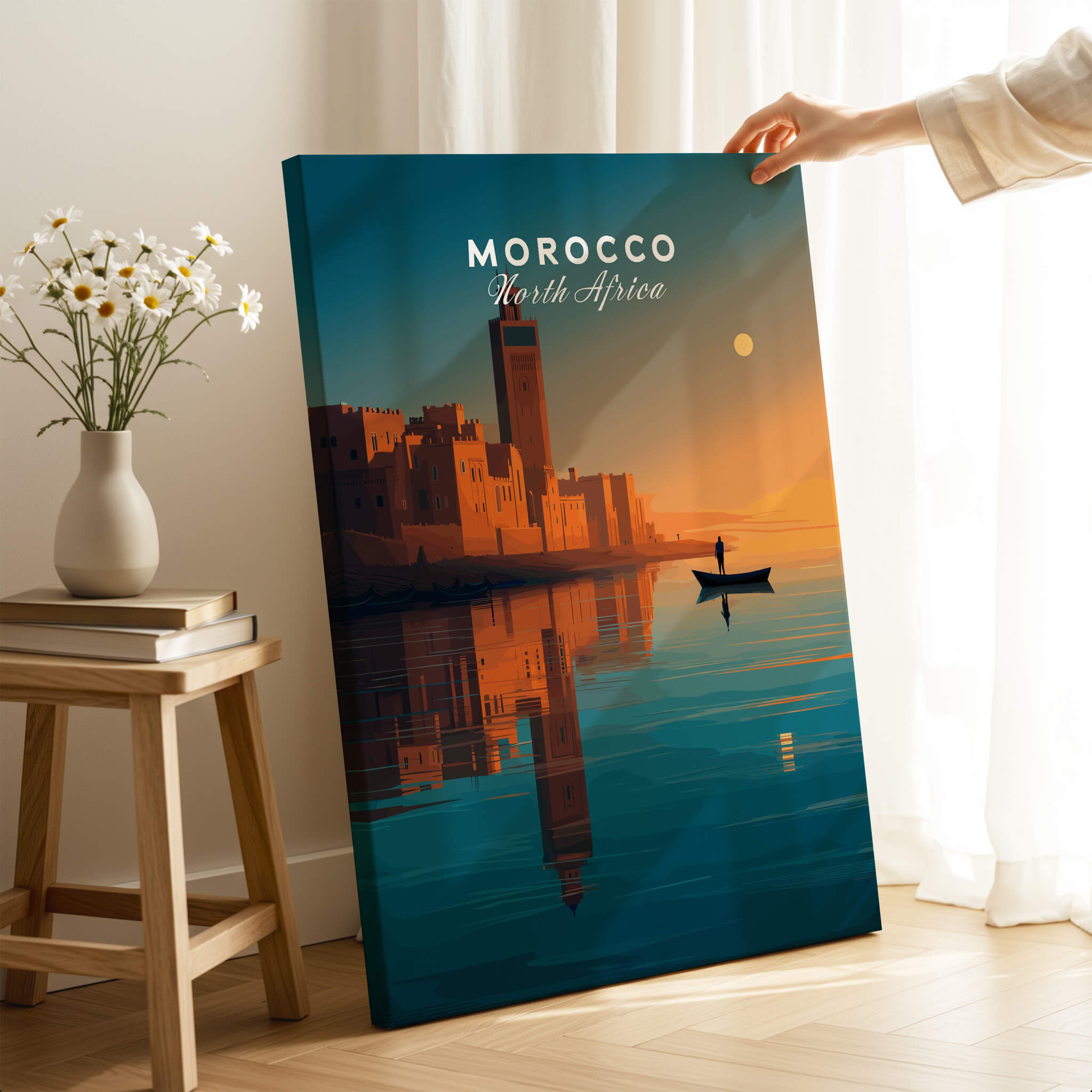 Morocco North Africa Wall Art Print | Mosque & Minaret Travel Poster displayed in a modern interior setting.