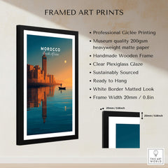 Morocco North Africa Wall Art Print | Mosque & Minaret Travel Poster framed with professional printing and wooden frame.