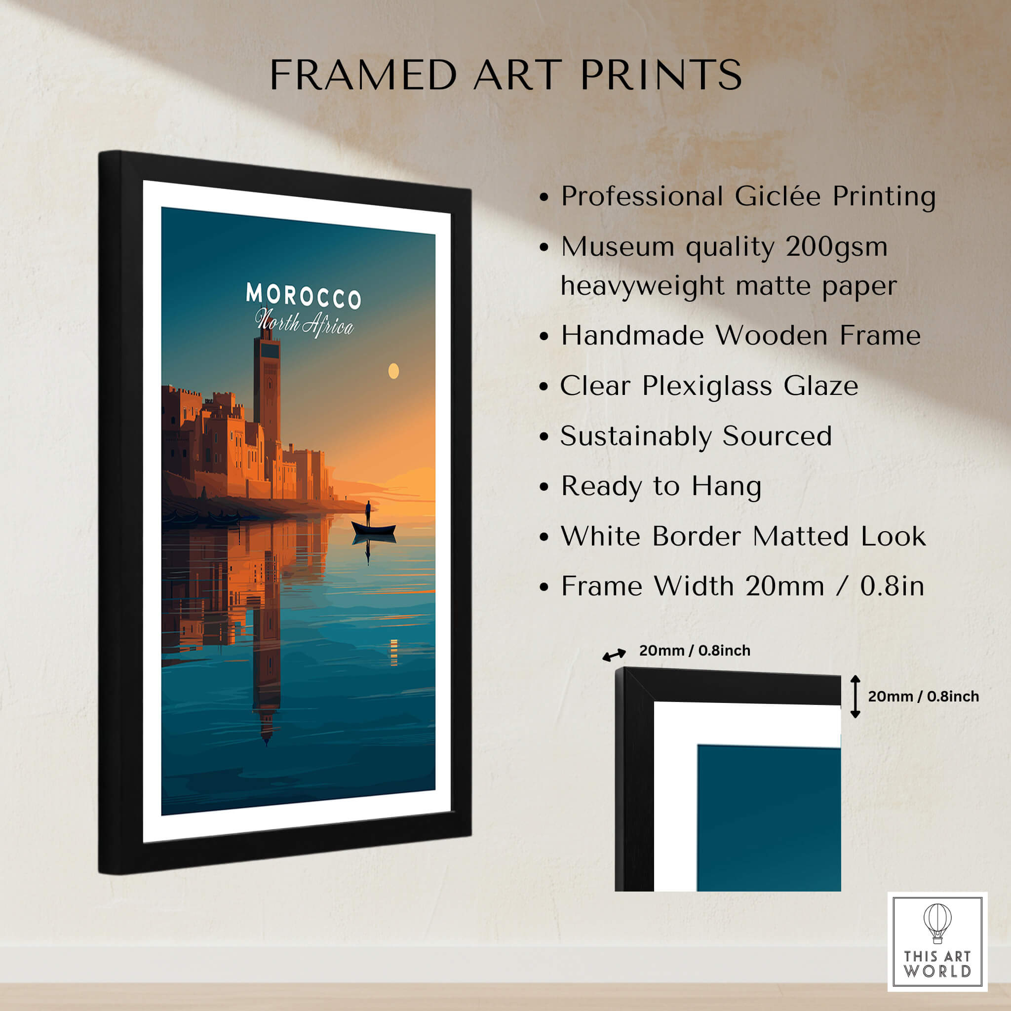 Morocco North Africa Wall Art Print | Mosque & Minaret Travel Poster framed with professional printing and wooden frame.