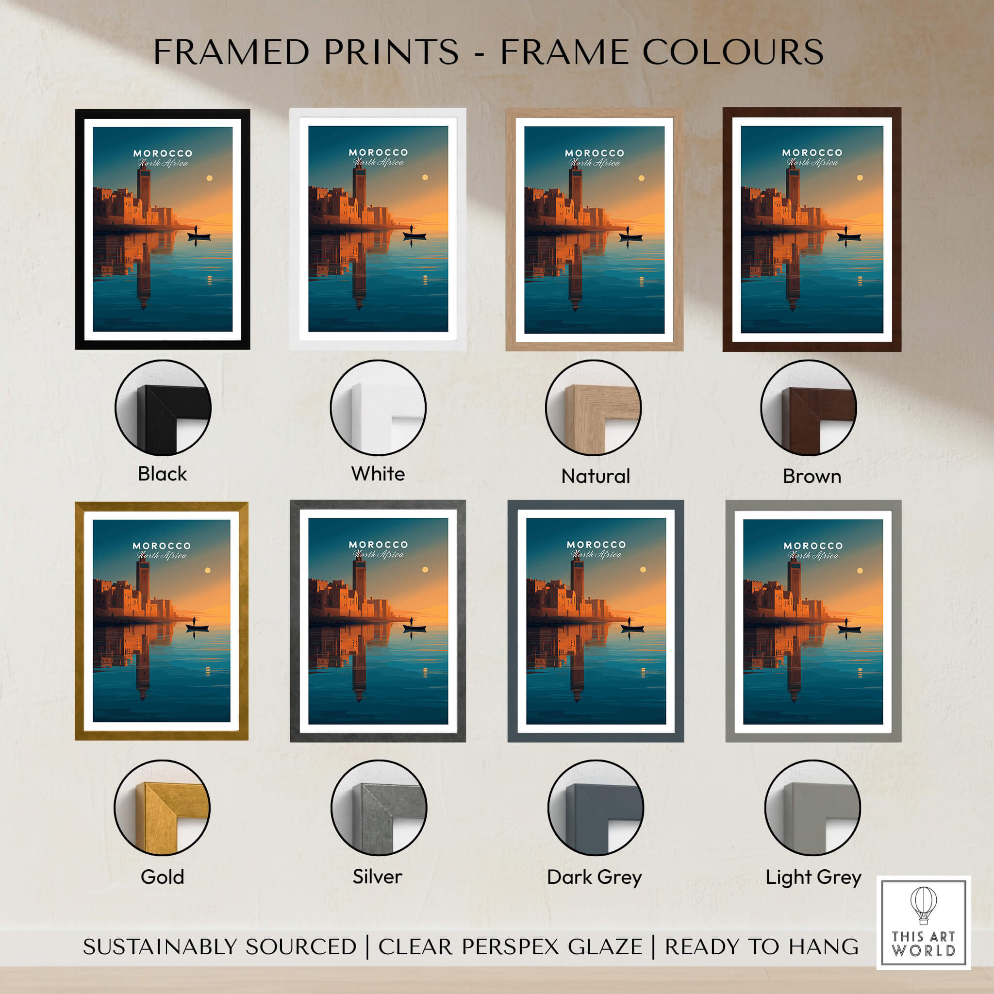 Morocco North Africa Wall Art Print | Mosque & Minaret Travel Poster - Framed prints in various colour options.