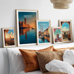 Morocco North Africa Wall Art Print | Mosque & Minaret Travel Poster displayed among other travel posters.