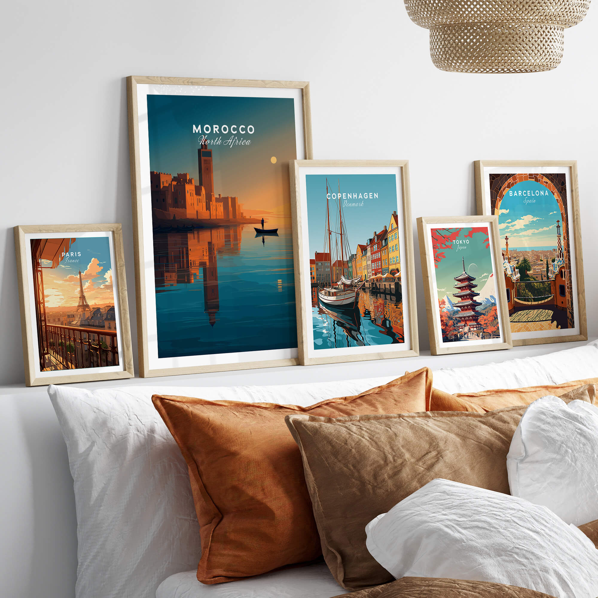 Morocco North Africa Wall Art Print | Mosque & Minaret Travel Poster displayed among other travel posters.