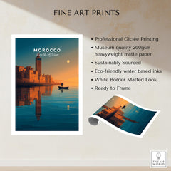 Morocco North Africa Wall Art Print | Mosque & Minaret Travel Poster showcasing vibrant colors and stunning reflections.