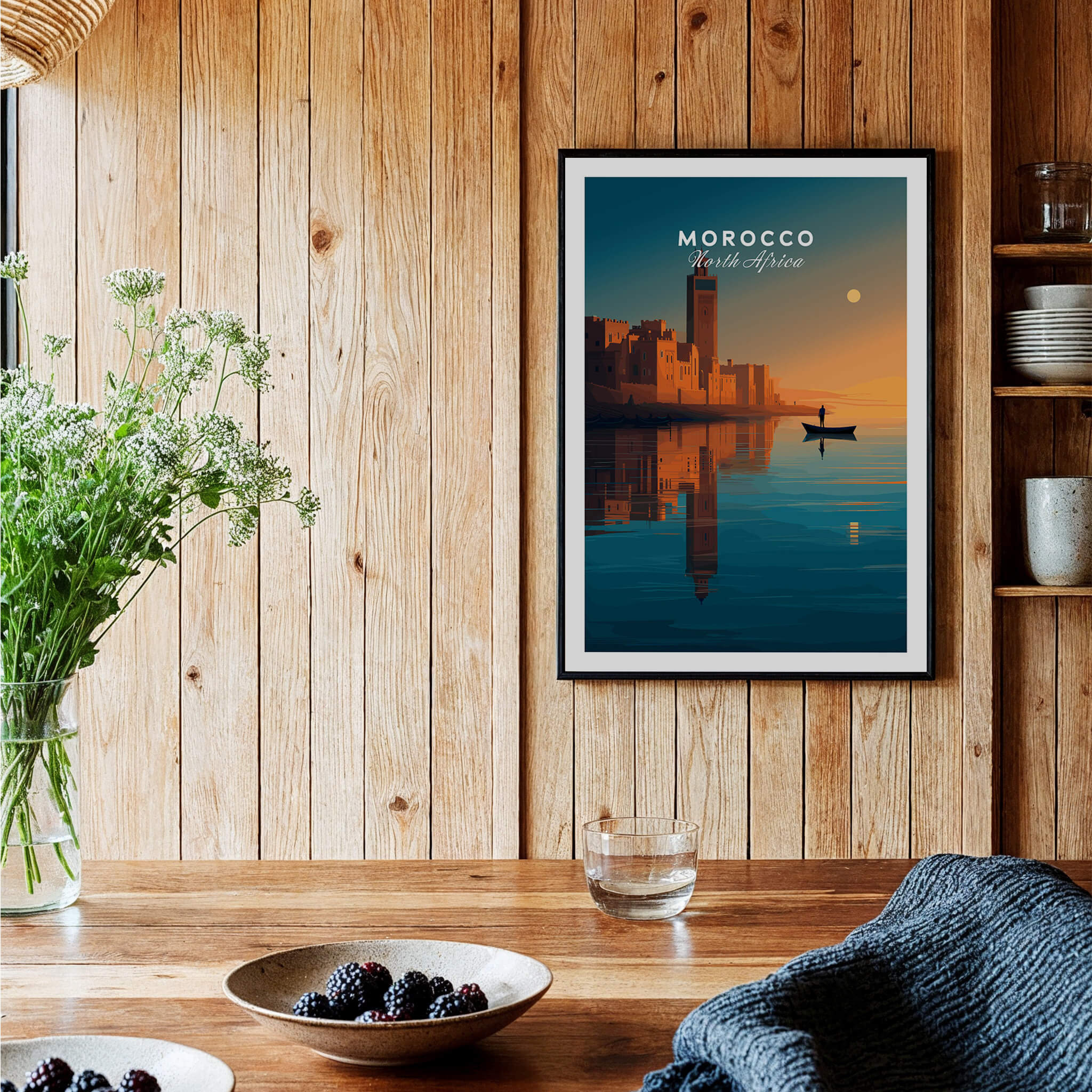 Morocco North Africa Wall Art Print | Mosque & Minaret Travel Poster in a cozy interior setting.