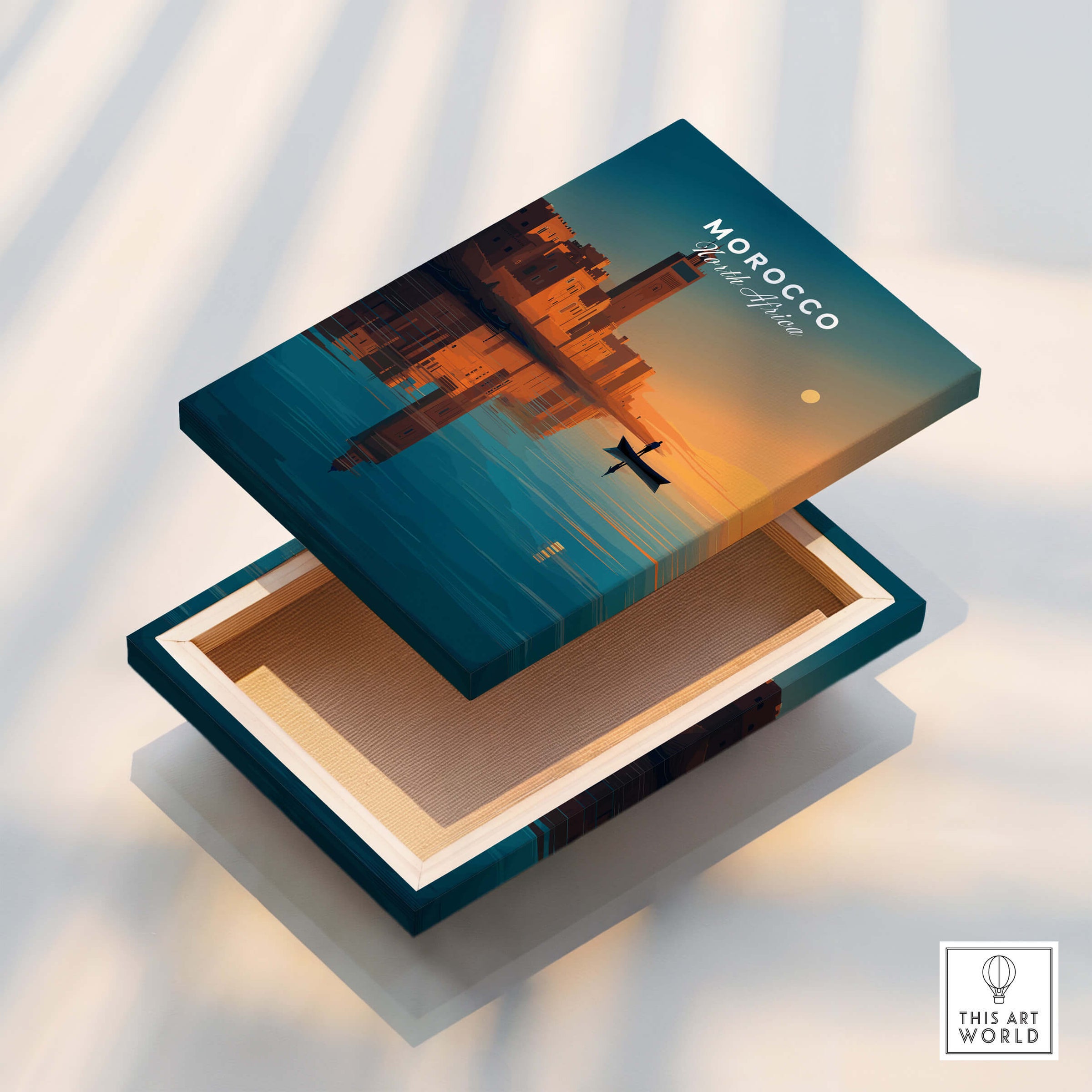 Morocco North Africa Wall Art Print | Mosque & Minaret Travel Poster decorative box with sunset skyline design