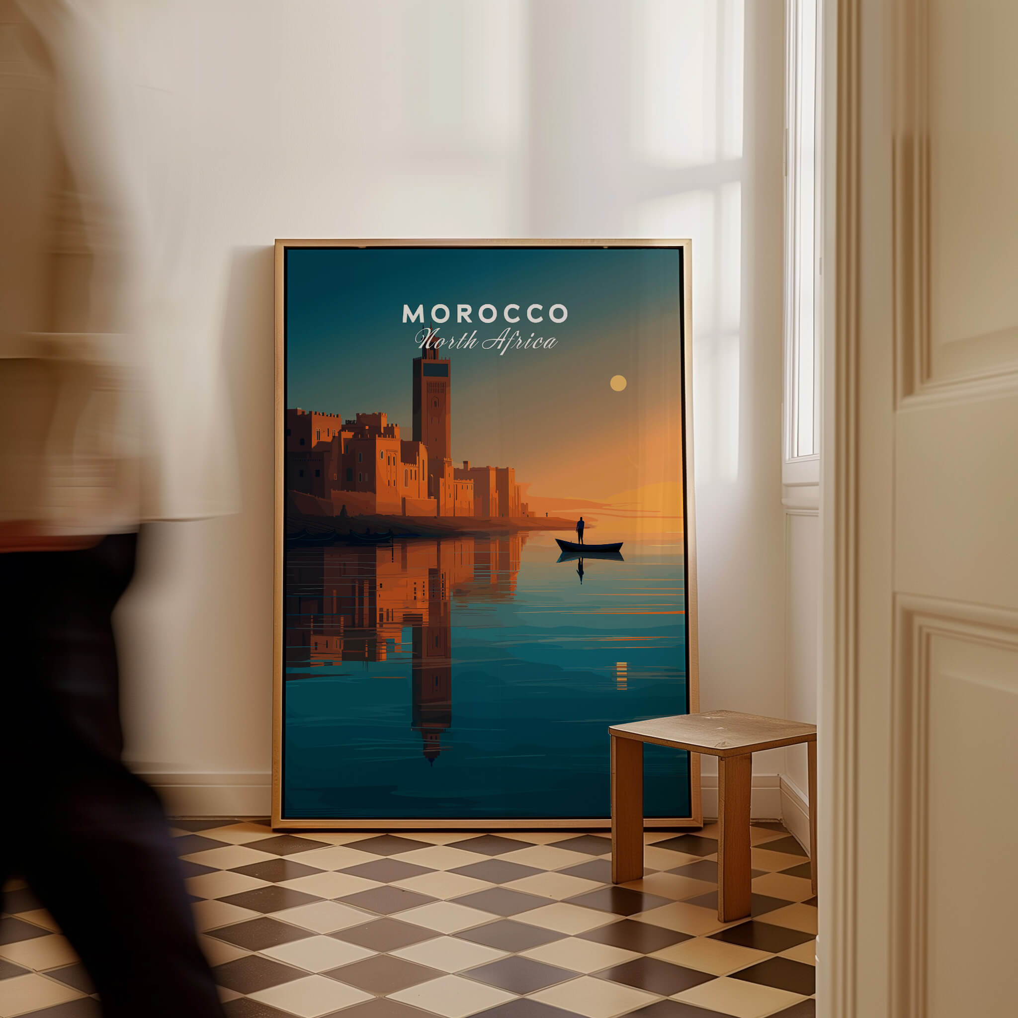 Morocco North Africa Wall Art Print | Mosque & Minaret Travel Poster in a stylish interior setting.