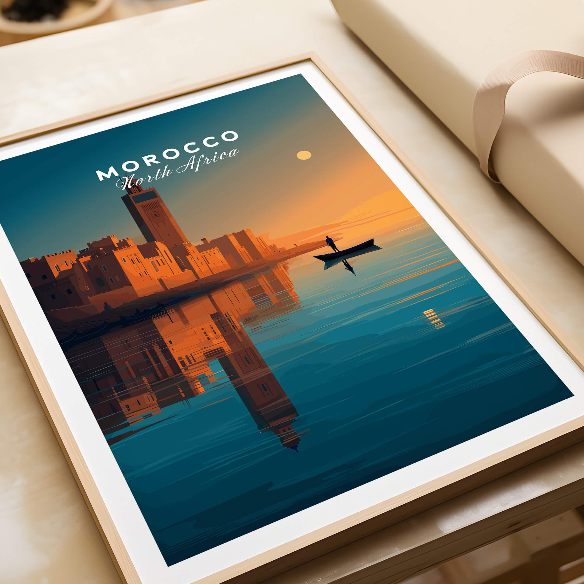 Morocco North Africa Wall Art Print | Mosque & Minaret Travel Poster featuring serene sunset reflection on water.