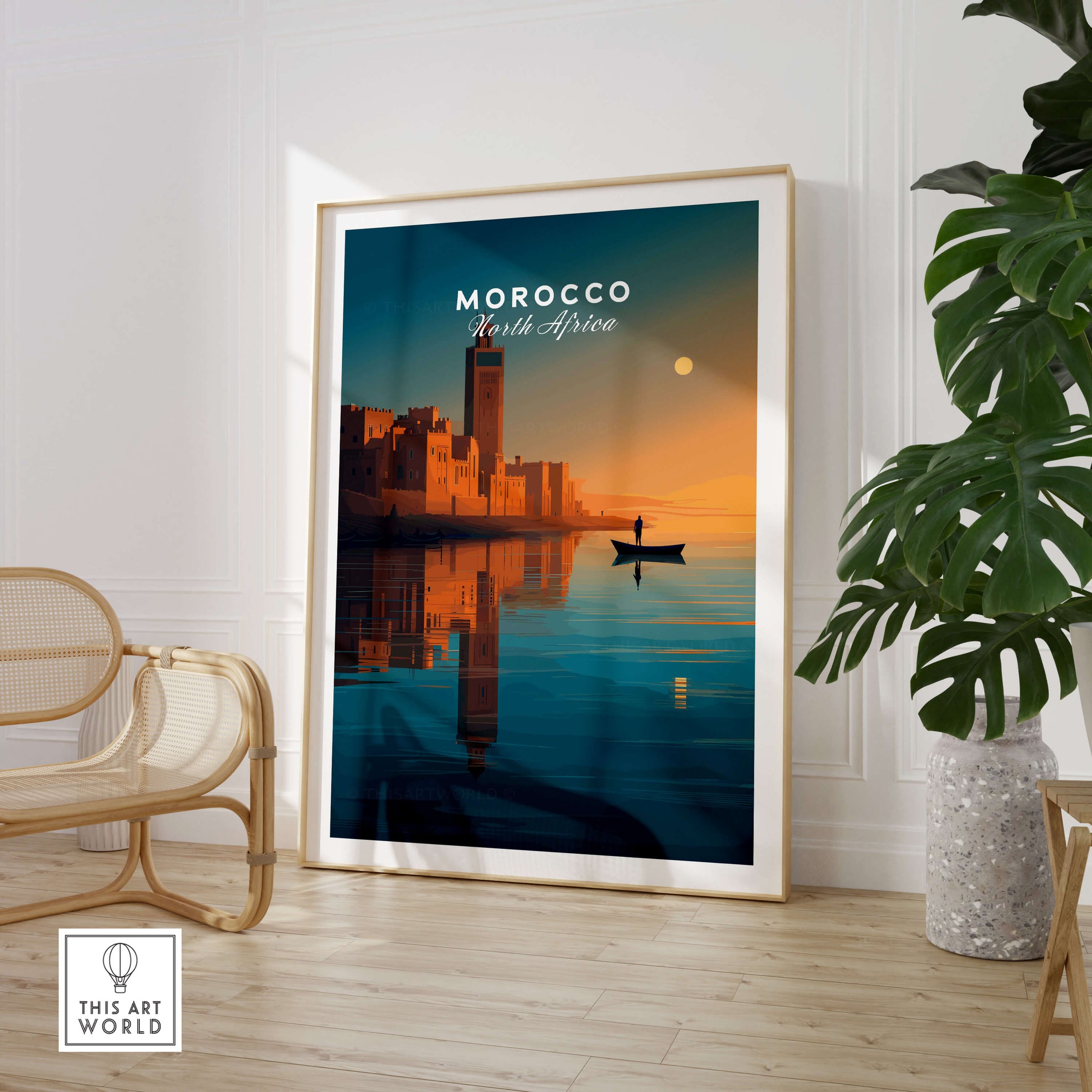 Morocco North Africa Wall Art Print | Mosque & Minaret Travel Poster in modern interior setting