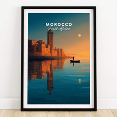 Morocco North Africa Wall Art Print | Mosque & Minaret Travel Poster featuring a scenic sunset and reflection.