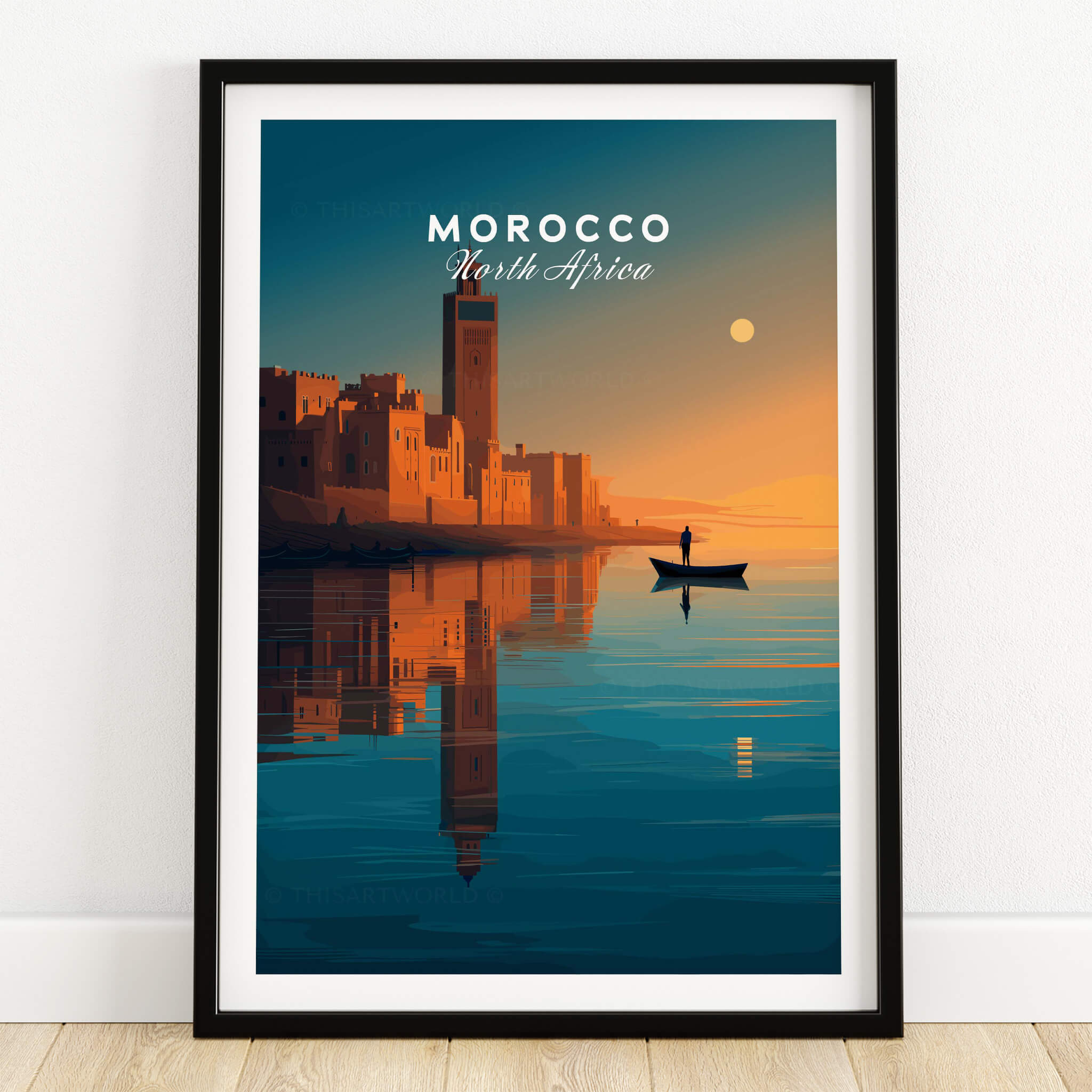Morocco North Africa Wall Art Print | Mosque & Minaret Travel Poster featuring a scenic sunset and reflection.