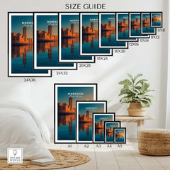 Morocco North Africa Wall Art Print | Mosque & Minaret Travel Poster size guide showcasing various frame sizes.