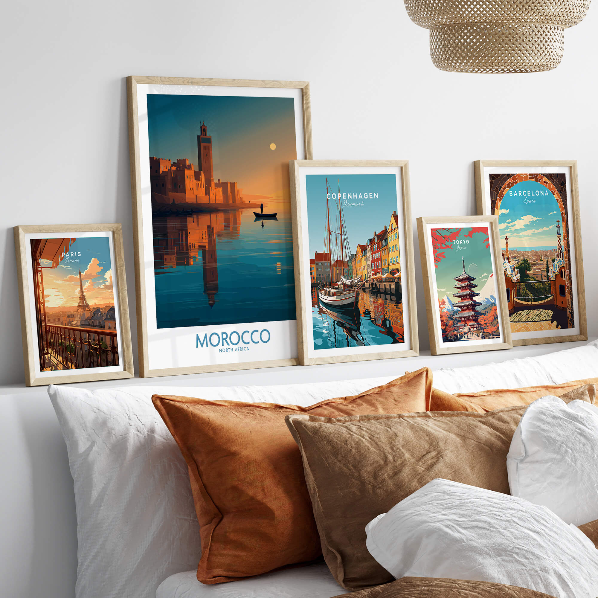 Morocco Poster | North African Cityscape Sunset Canvas Print displayed on a cozy bed with decorative pillows.