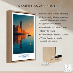 Morocco Poster | North African Cityscape Sunset Canvas Print in a wooden frame showcasing vibrant colors.
